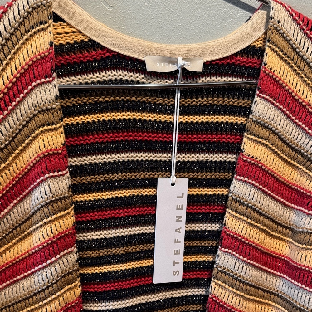 New NWT Stefanel Striped Crochet Sleeveless Oversized Open Front Cardigan - Picture 2 of 11